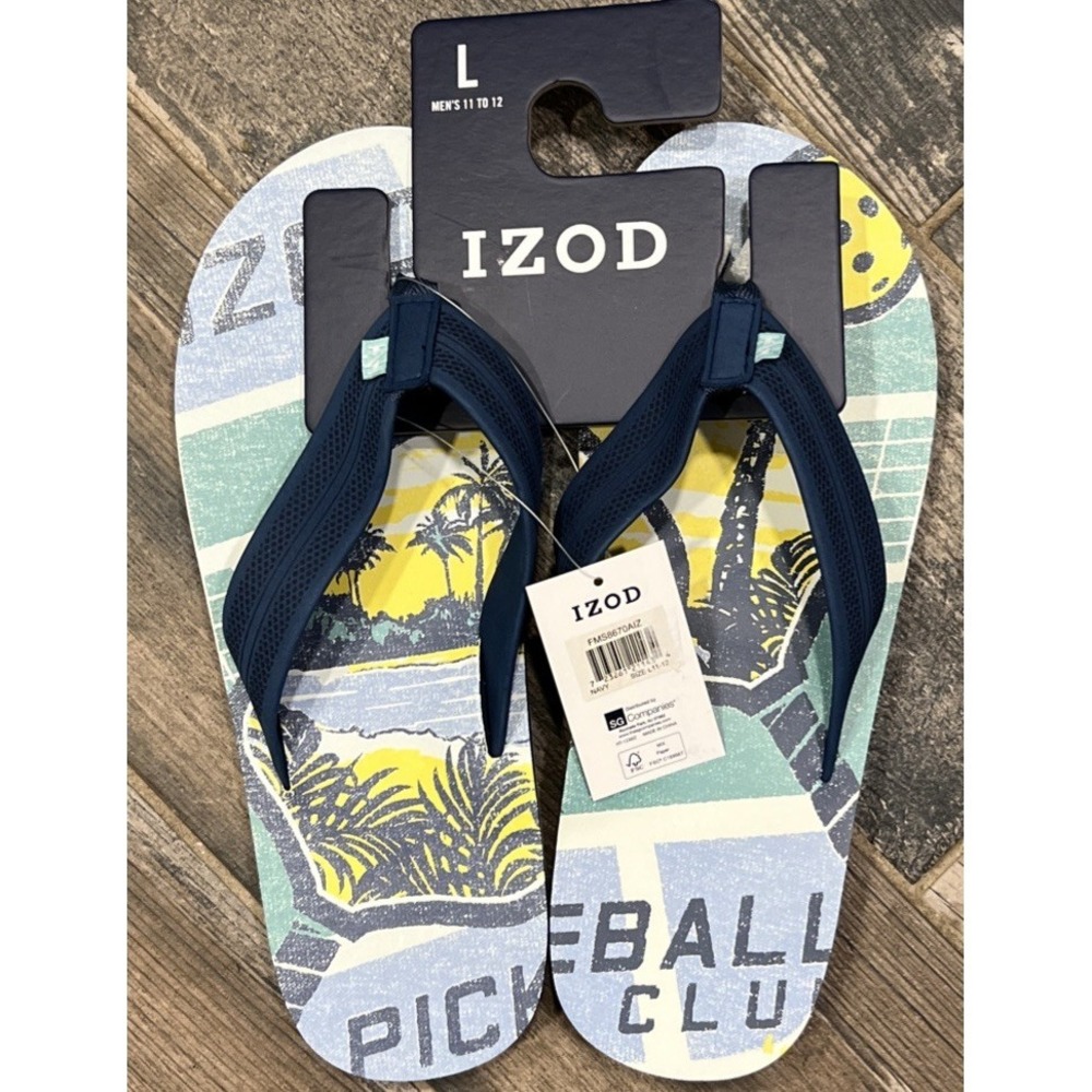 New IZOD Men's Flip Flops Sandals "Pickleball Club" Blue Yellow Size Large 11-12